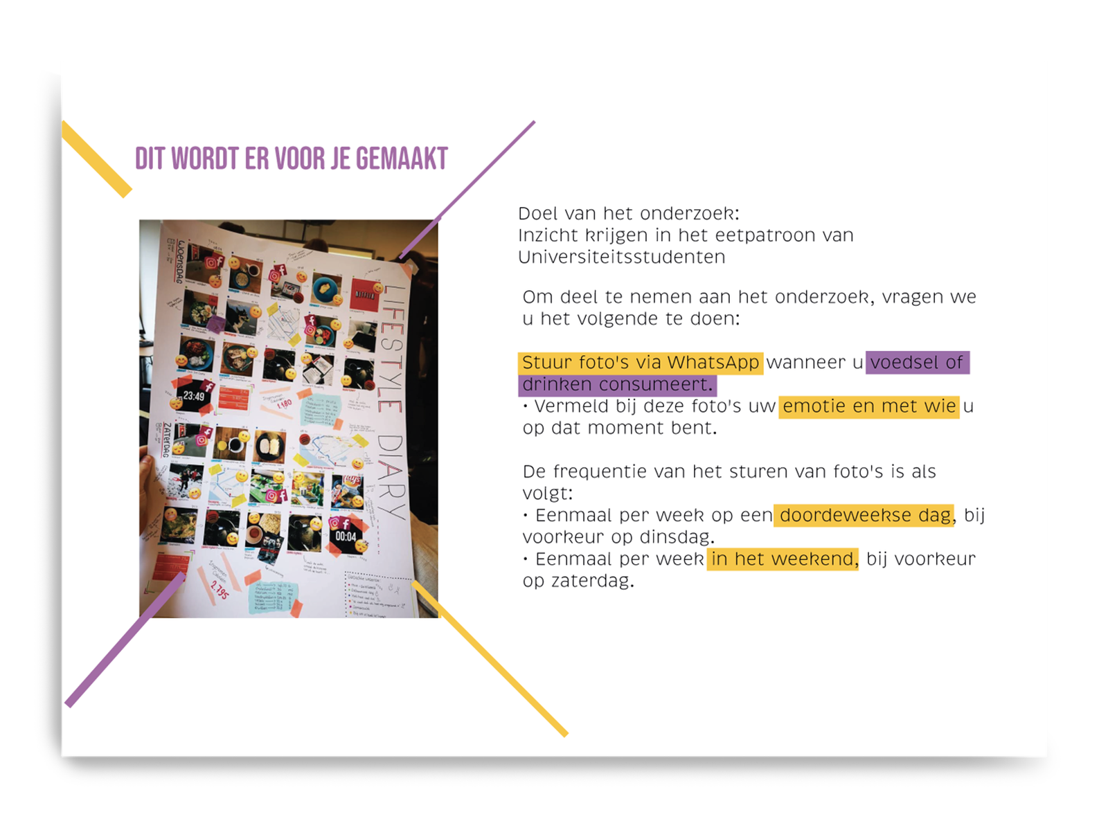 Flyer van onderzoek naar eetpatronen van universiteitsstudenten op de Erasmus Universiteit. Afbeelding van een persoon die de flyer vasthoudt, met universiteitscampus op de achtergrond. Neem deel aan het onderzoek en stuur foto's van uw voedsel via WhatsApp.